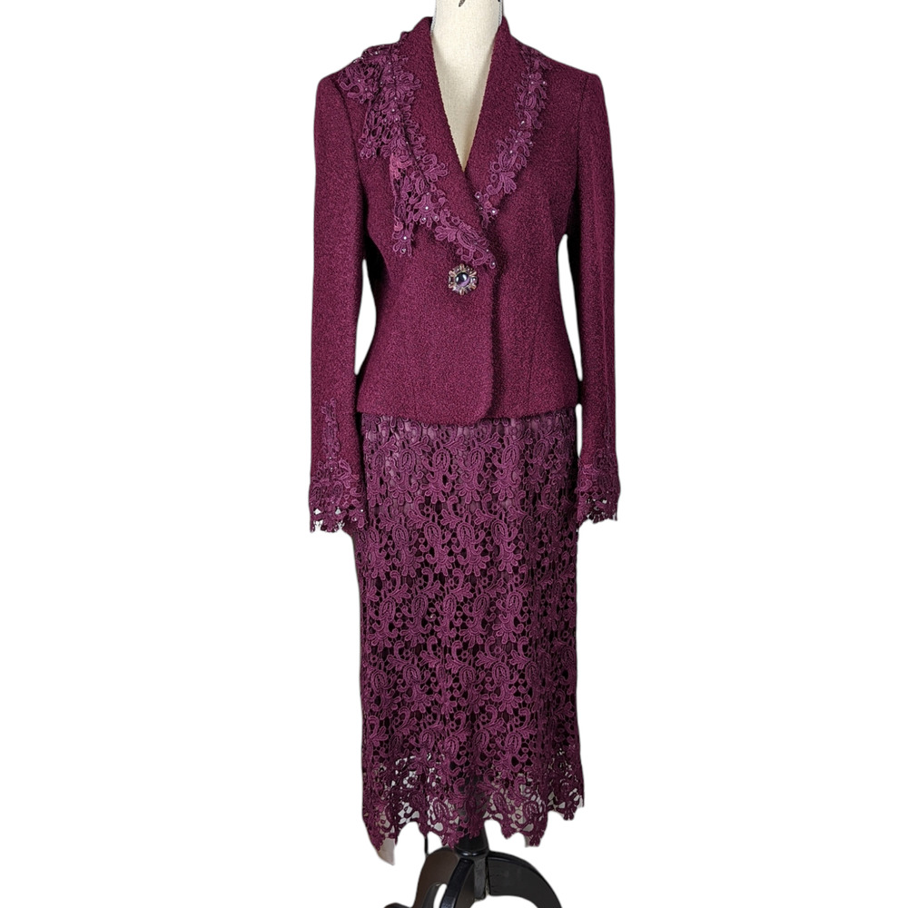 Bloomingdale's Plum Lace-Trimmed Skirt Suit Jacket Set